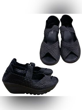 Skechers Black Woven Mary Jane Wedge Sandals S8